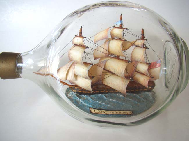 A model of the USS Constitution in a bottle made circa 1960-1970